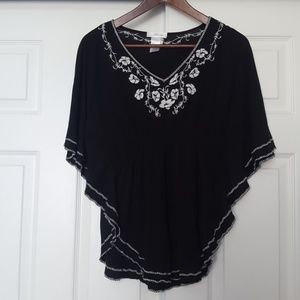 Black Flounce Top with Embroidered Detail